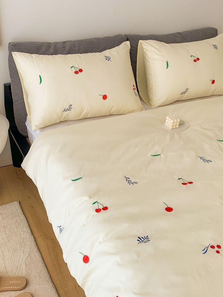 Premium Designer Embroidered Pastel Shades Cotton Bedsheets Boutique Collection in Elegant Style for Premium Homes Offwhite cherry Embroidered premium Bedsheets