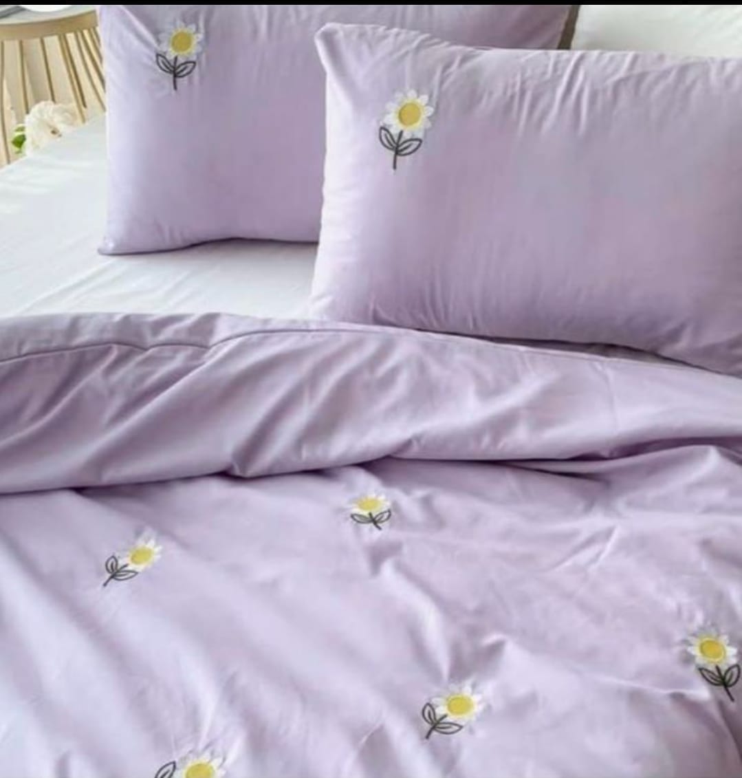 Premium Designer Embroidered Pastel Shades Cotton Bedsheets Boutique Collection in Elegant Style for Premium Homes Lavender with flowers Embroidered premium Bedsheets