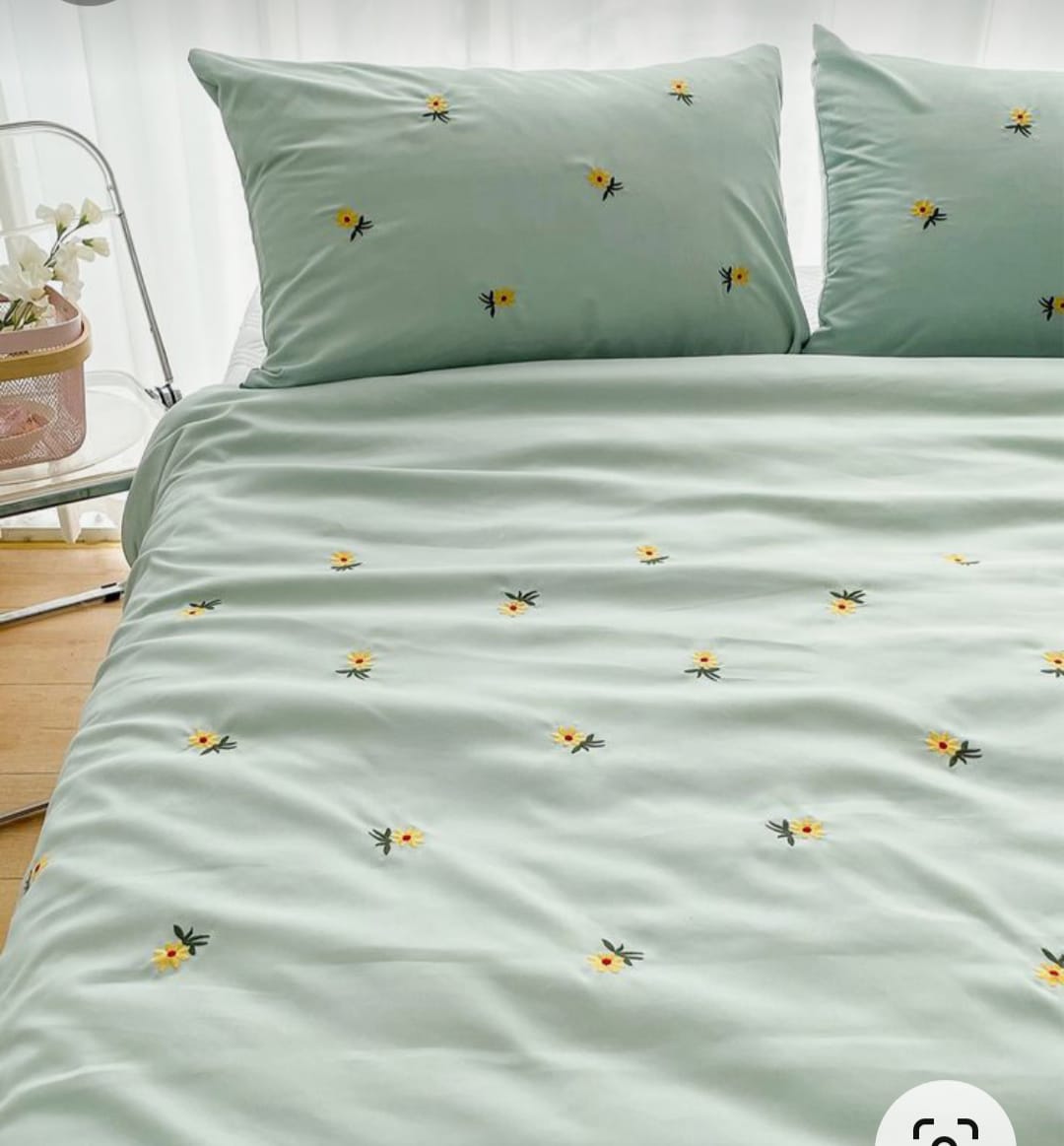 Premium Designer Embroidered Pastel Shades Cotton Bedsheets Boutique Collection in Elegant Style for Premium Homes Light green yellow flower Embroidered premium Bedsheets