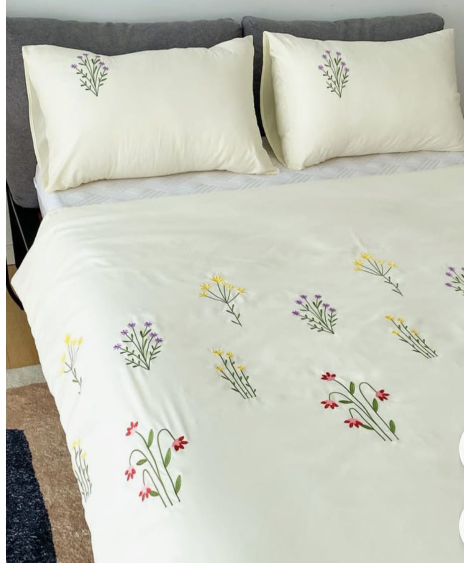 Premium Designer Embroidered Pastel Shades Cotton Bedsheets Boutique Collection in Elegant Style for Premium Homes White long flower Embroidered premium Bedsheets