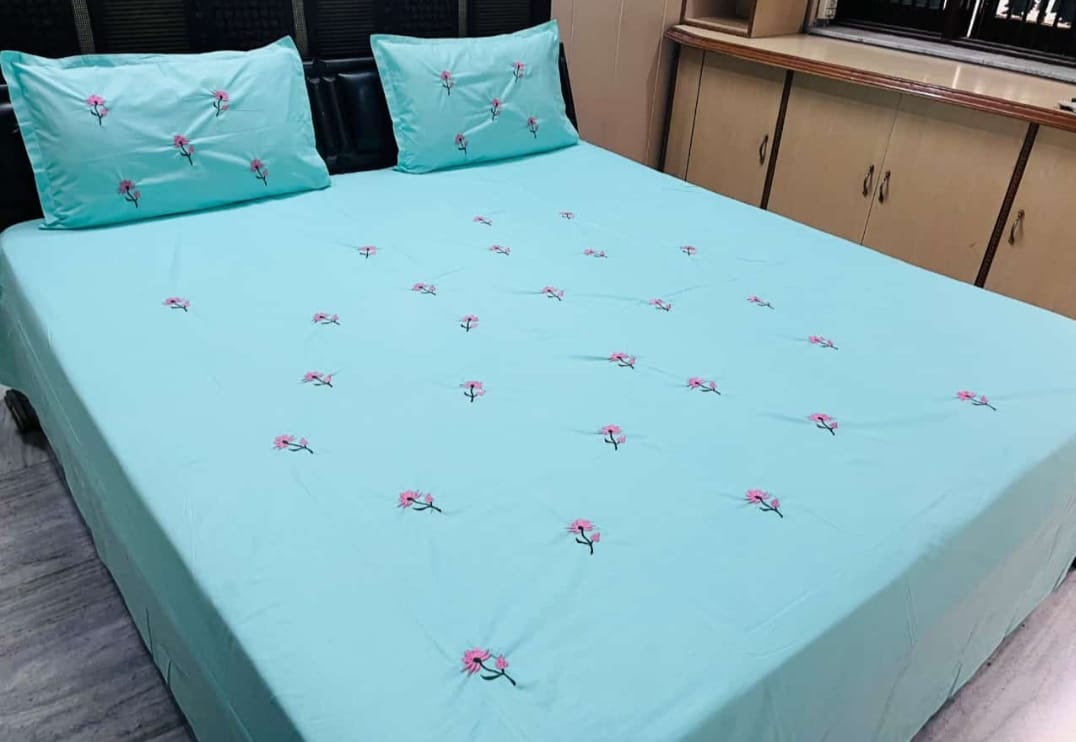 Premium Designer Embroidered Pastel Shades Cotton Bedsheets Boutique Collection in Elegant Style for Premium Homes Light blue flower Embroidered premium Bedsheets