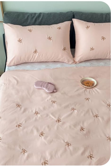 Premium Designer Embroidered Pastel Shades Cotton Bedsheets Boutique Collection in Elegant Style for Premium Homes Pink with ribbon Embroidered premium Bedsheets