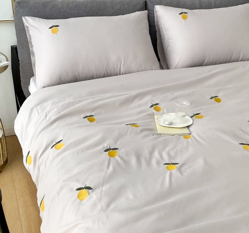 Premium Designer Embroidered Pastel Shades Cotton Bedsheets Boutique Collection in Elegant Style for Premium Homes White with lemon Embroidered premium Bedsheets