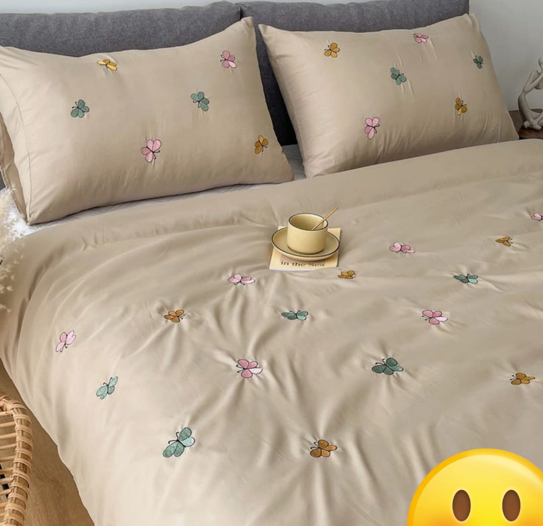 Premium Designer Embroidered Pastel Shades Cotton Bedsheets Boutique Collection in Elegant Style for Premium Homes Beige with butterflies Embroidered premium Bedsheets