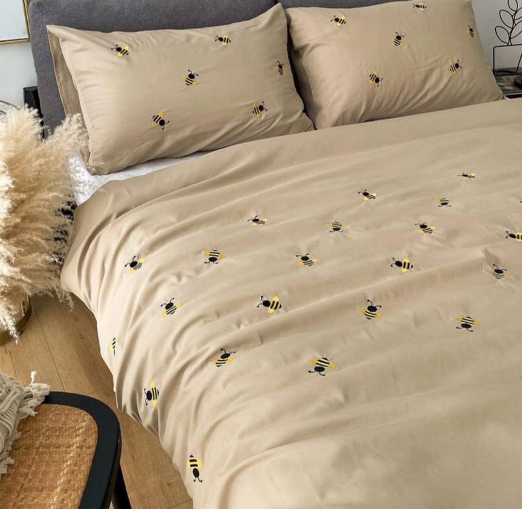 Premium Designer Embroidered Pastel Shades Cotton Bedsheets Boutique Collection in Elegant Style for Premium Homes Beige honey bee Embroidered premium Bedsheets