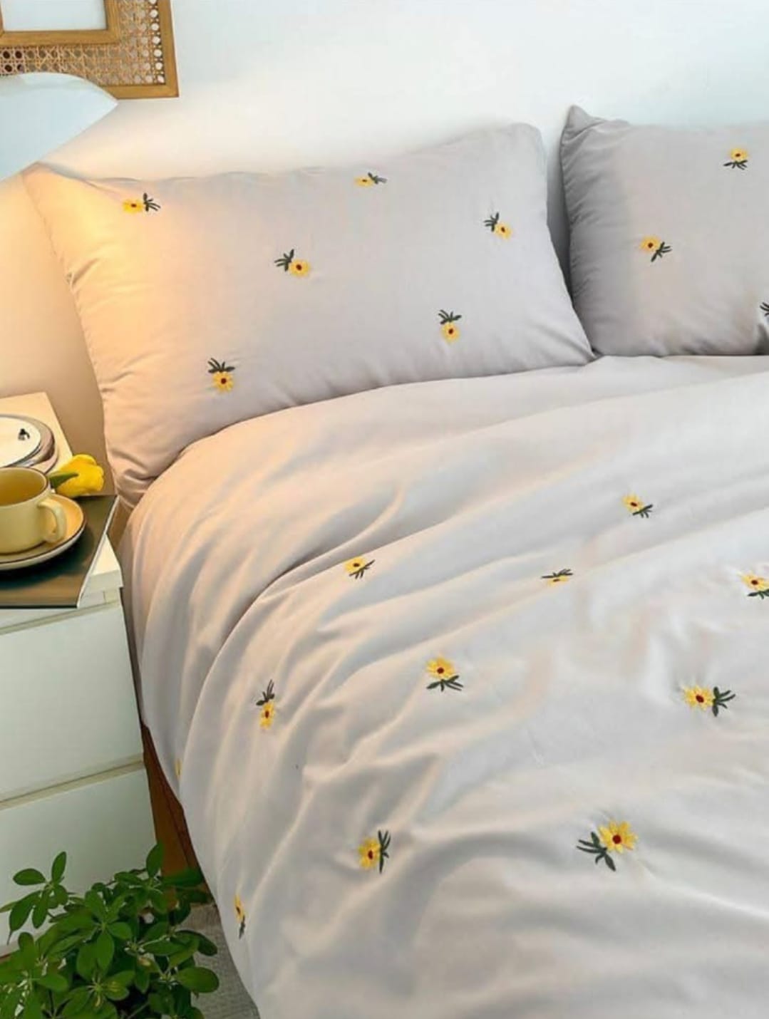 Premium Designer Embroidered Pastel Shades Cotton Bedsheets Boutique Collection in Elegant Style for Premium Homes white with yellow flower Embroidered premium Bedsheets