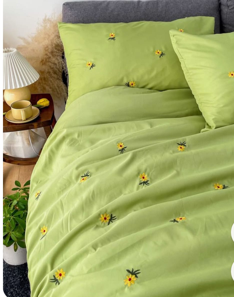 Premium Designer Embroidered Pastel Shades Cotton Bedsheets Boutique Collection in Elegant Style for Premium Homes Shining green with yellow flower Embroidered premium Bedsheets