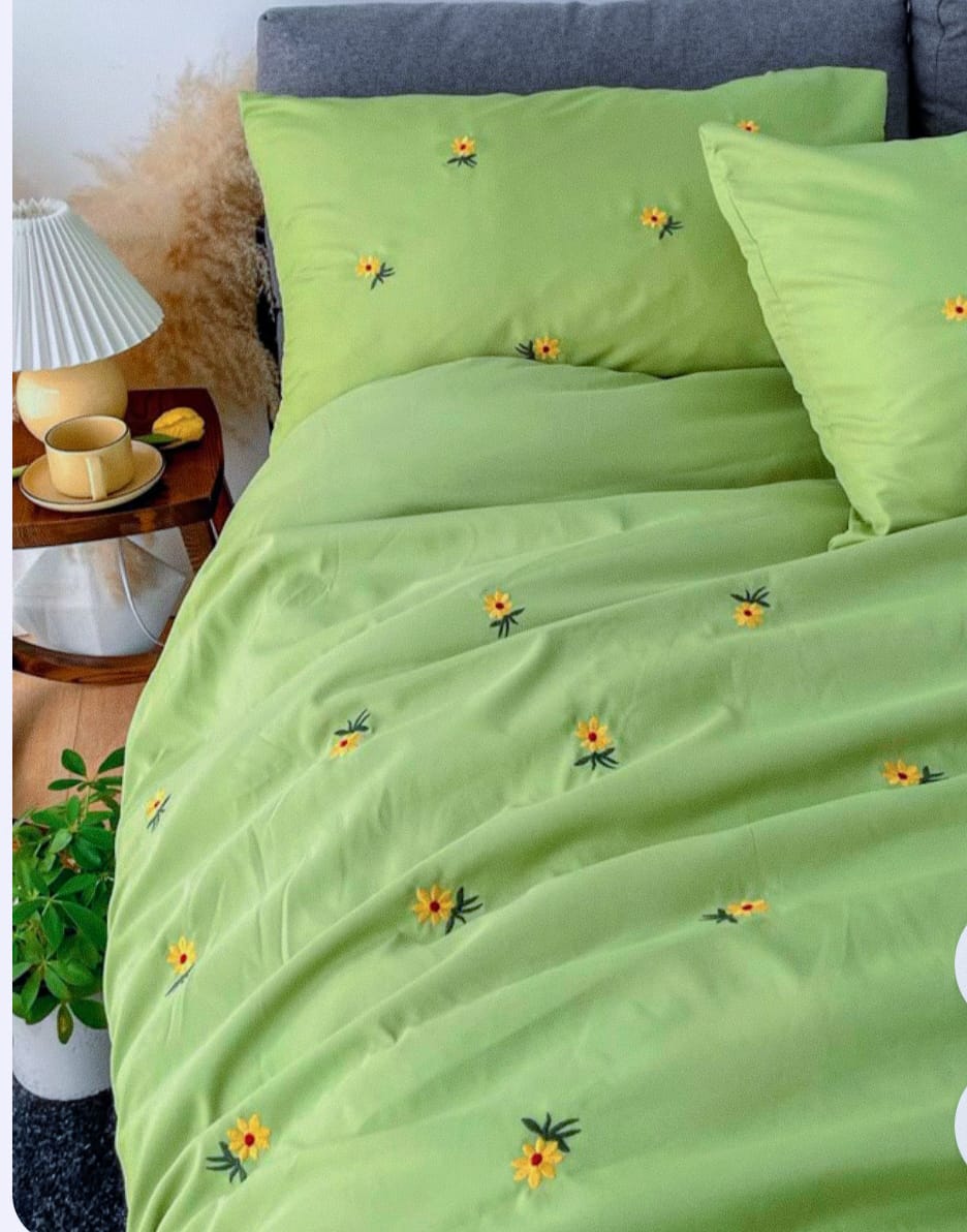 Premium Designer Embroidered Pastel Shades Cotton Bedsheets Boutique Collection in Elegant Style for Premium Homes light green with yellow colour Embroidered premium Bedsheets