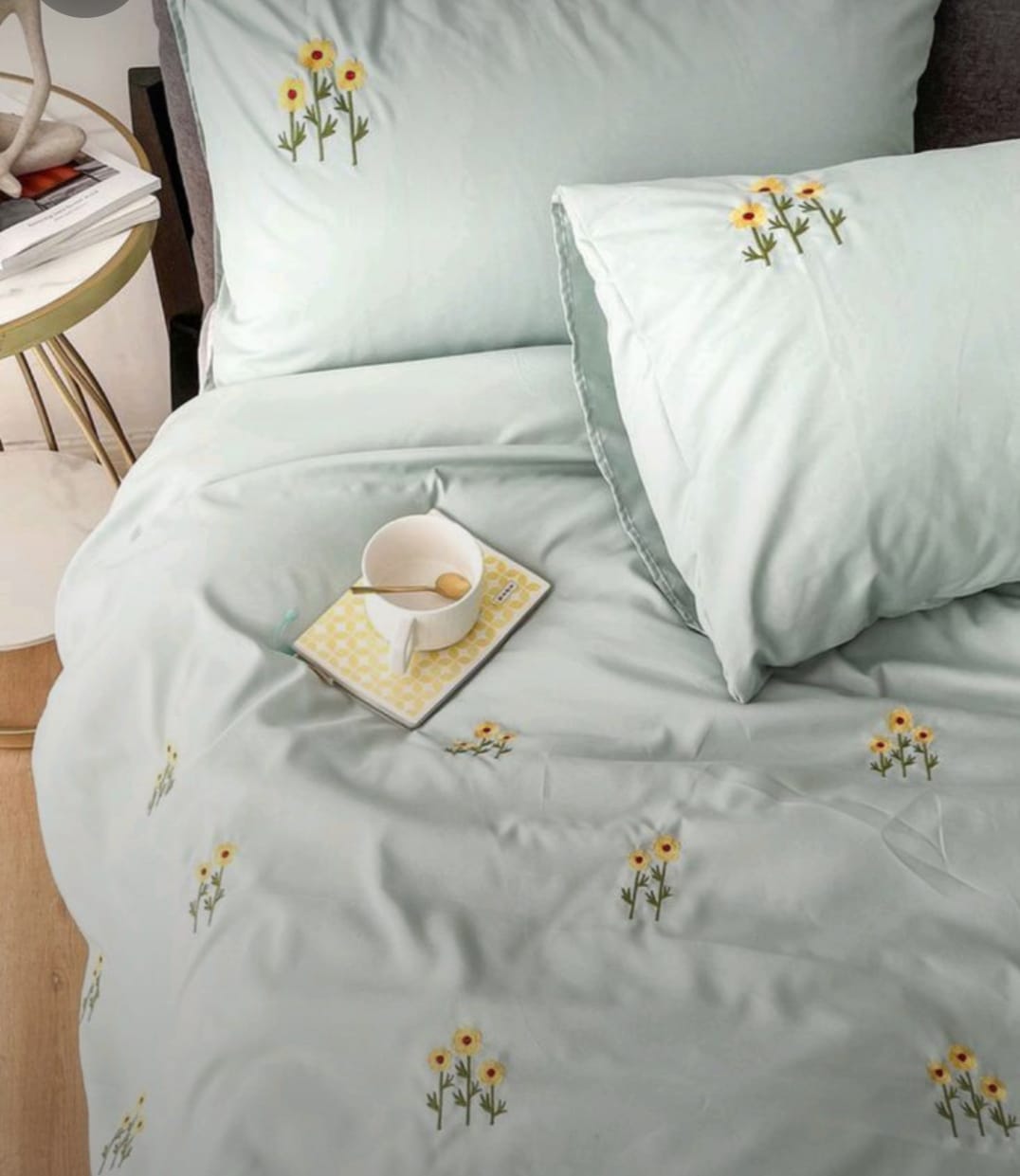 Premium Designer Embroidered Pastel Shades Cotton Bedsheets Boutique Collection in Elegant Style for Premium Homes Grey with yellow flower Embroidered premium Bedsheets