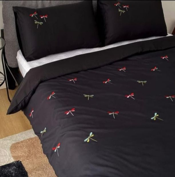 Premium Designer Embroidered Pastel Shades Cotton Bedsheets Boutique Collection in Elegant Style for Premium Homes Black with dragon fly Embroidered premium Bedsheets