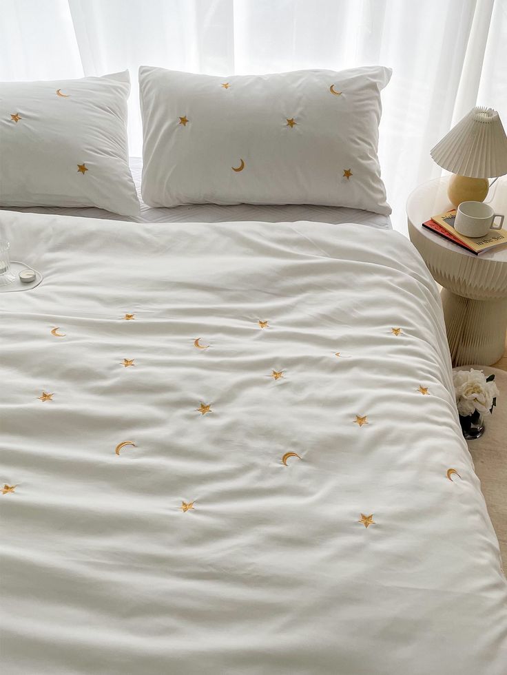 Premium Designer Embroidered Pastel Shades Cotton Bedsheets Boutique Collection in Elegant Style for Premium Homes White with moon and star Embroidered premium Bedsheets