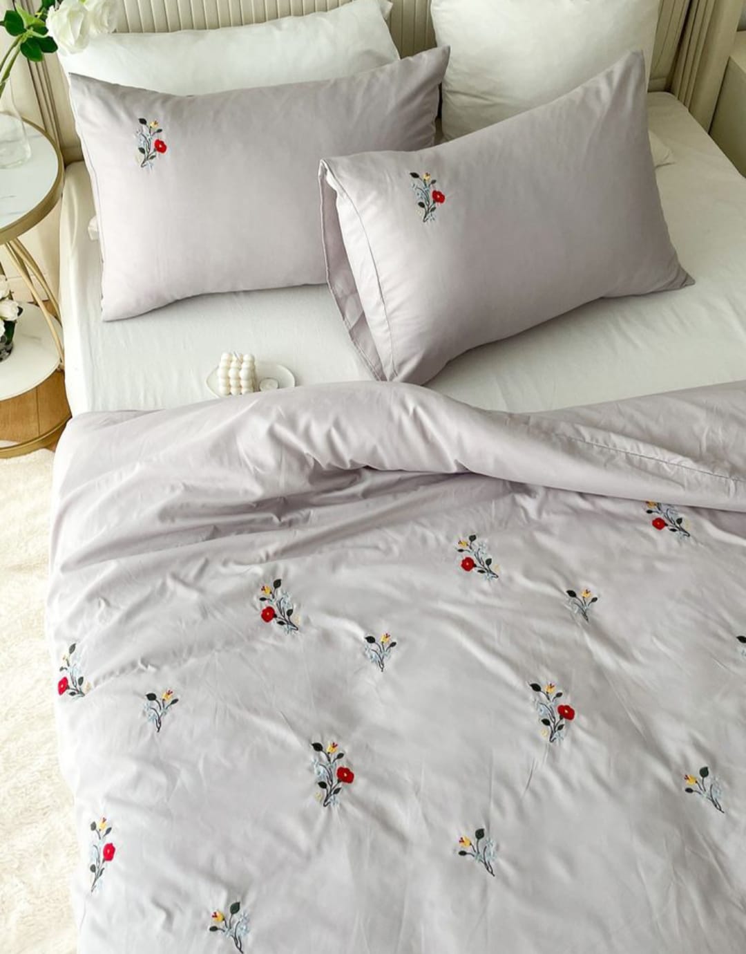 Premium Designer Embroidered Pastel Shades Cotton Bedsheets Boutique Collection in Elegant Style for Premium Homes White with small bunch flowers Embroidered premium Bedsheets