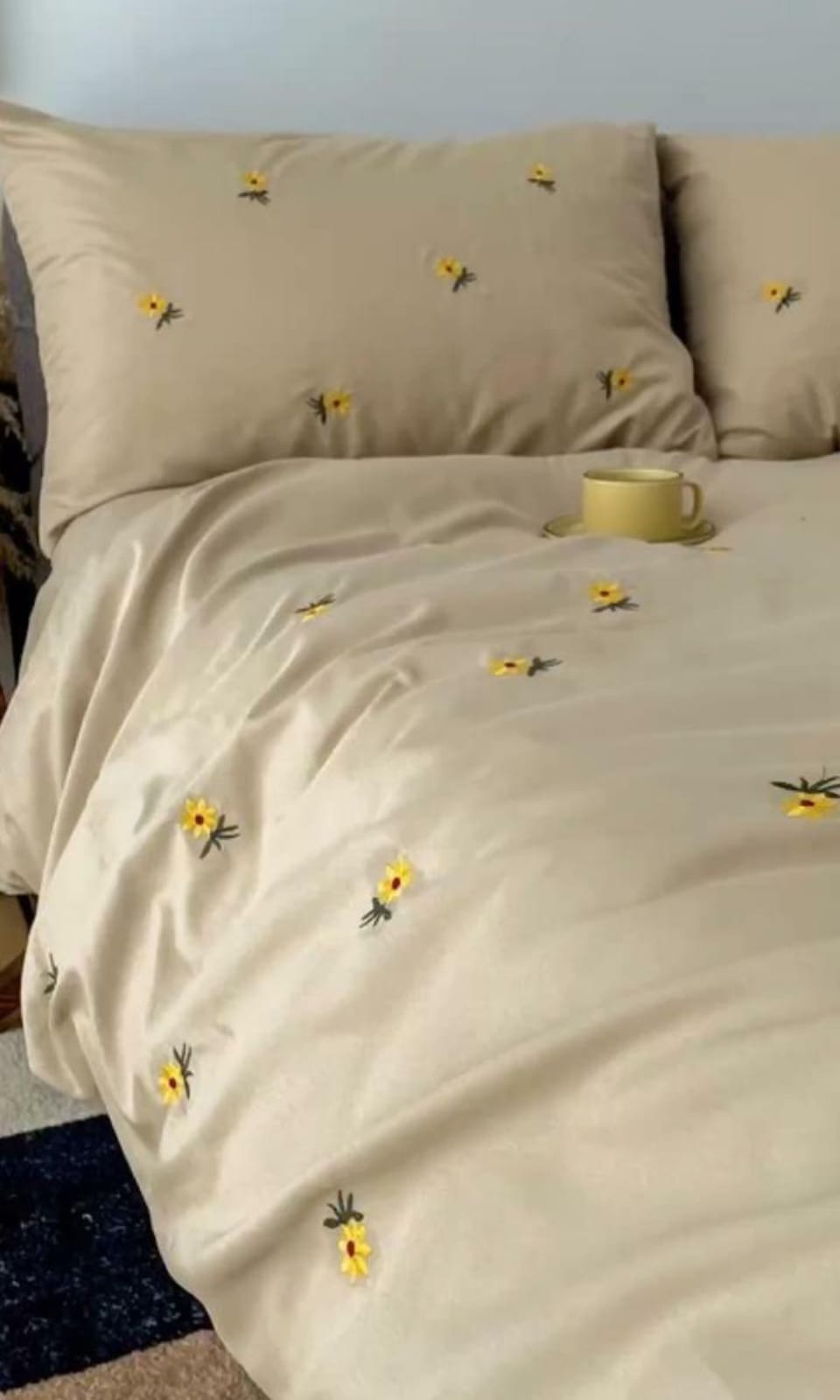 Premium Designer Embroidered Pastel Shades Cotton Bedsheets Boutique Collection in Elegant Style for Premium Homes Beige with yellow flower Embroidered premium Bedsheets