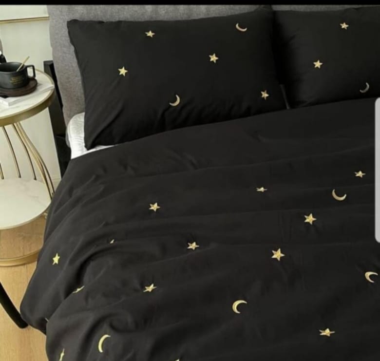 Premium Designer Embroidered Pastel Shades Cotton Bedsheets Boutique Collection in Elegant Style for Premium Homes Black with moon and stars Embroidered premium Bedsheets