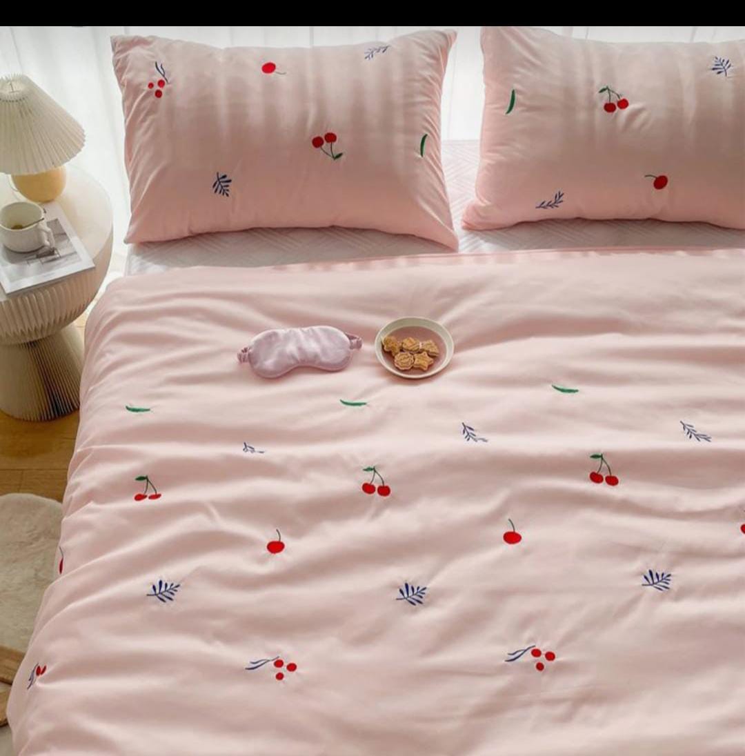 Premium Designer Embroidered Pastel Shades Cotton Bedsheets Boutique Collection in Elegant Style for Premium Homes Pink with cherries Embroidered premium Bedsheets