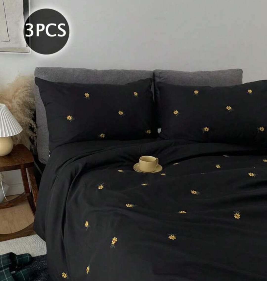 Premium Designer Embroidered Pastel Shades Cotton Bedsheets Boutique Collection in Elegant Style for Premium Homes Black with yellow flower Embroidered premium Bedsheets