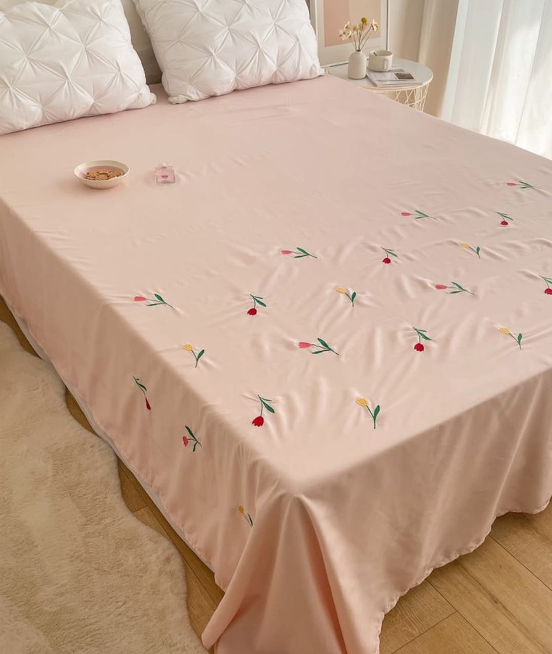 Premium Designer Embroidered Pastel Shades Cotton Bedsheets Boutique Collection in Elegant Style for Premium Homes Peach with flowers Embroidered premium Bedsheets