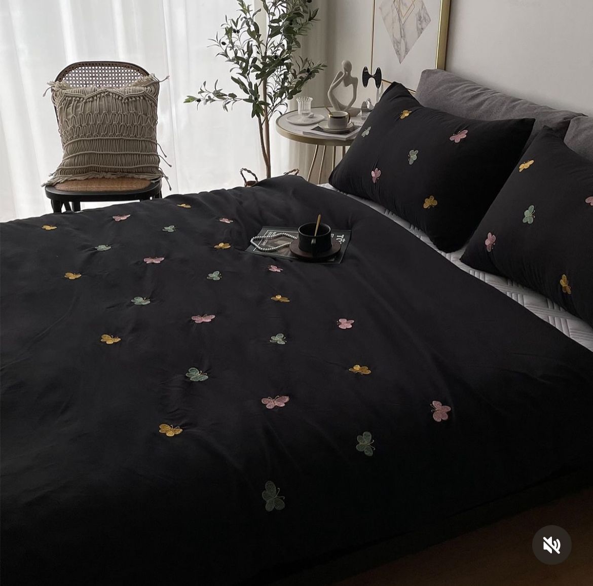 Premium Designer Embroidered Pastel Shades Cotton Bedsheets Boutique Collection in Elegant Style for Premium Homes Black with butterflies Embroidered premium Bedsheets