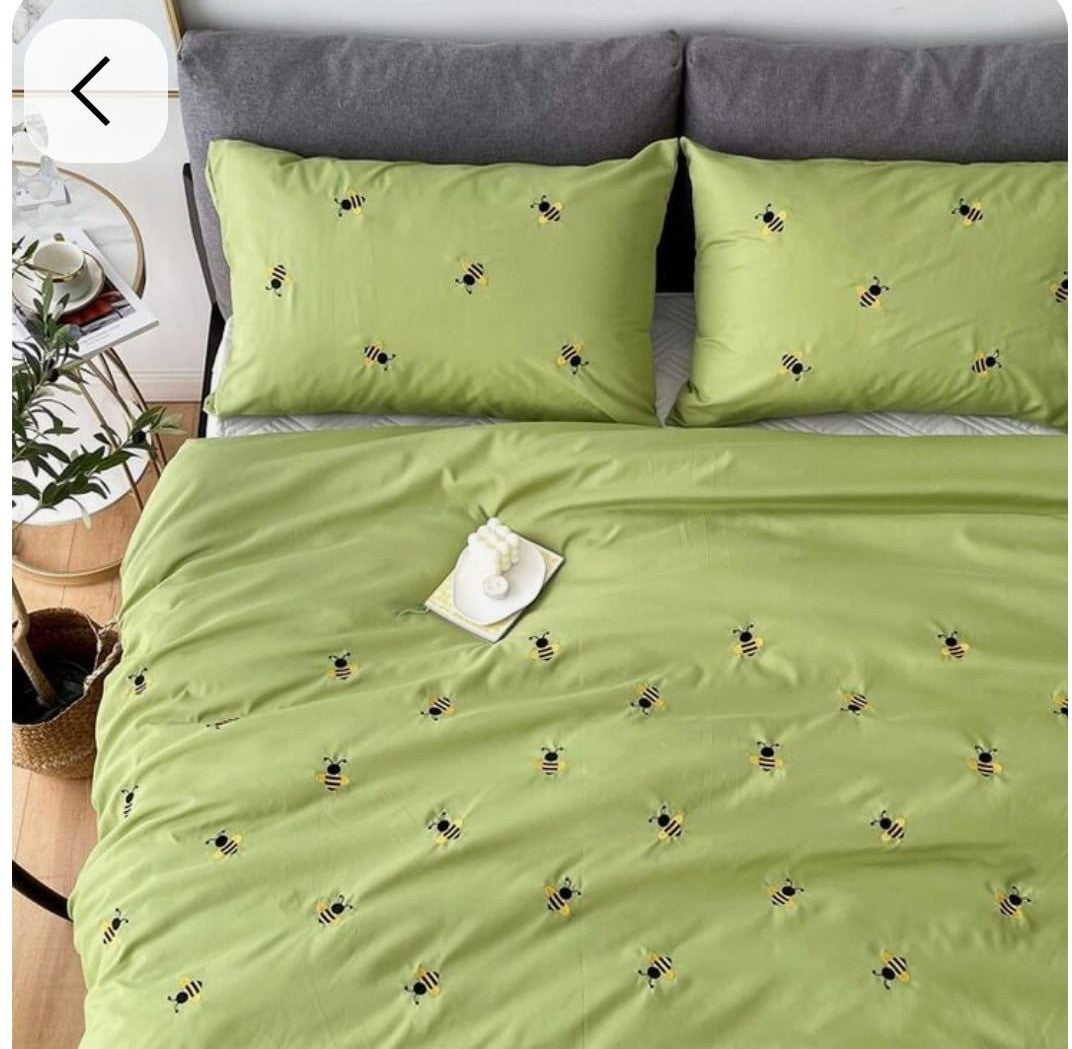 Premium Designer Embroidered Pastel Shades Cotton Bedsheets Boutique Collection in Elegant Style for Premium Homes light green with honeybees Embroidered premium Bedsheets