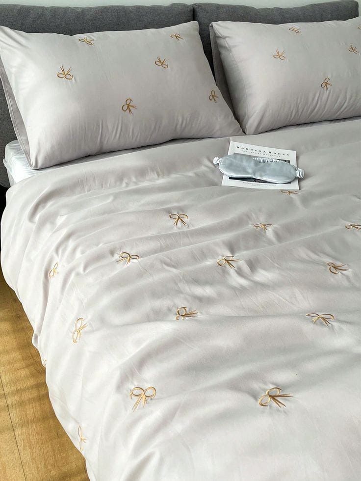Premium Designer Embroidered Pastel Shades Cotton Bedsheets Boutique Collection in Elegant Style for Premium Homes White with golden ribbon Embroidered premium Bedsheets