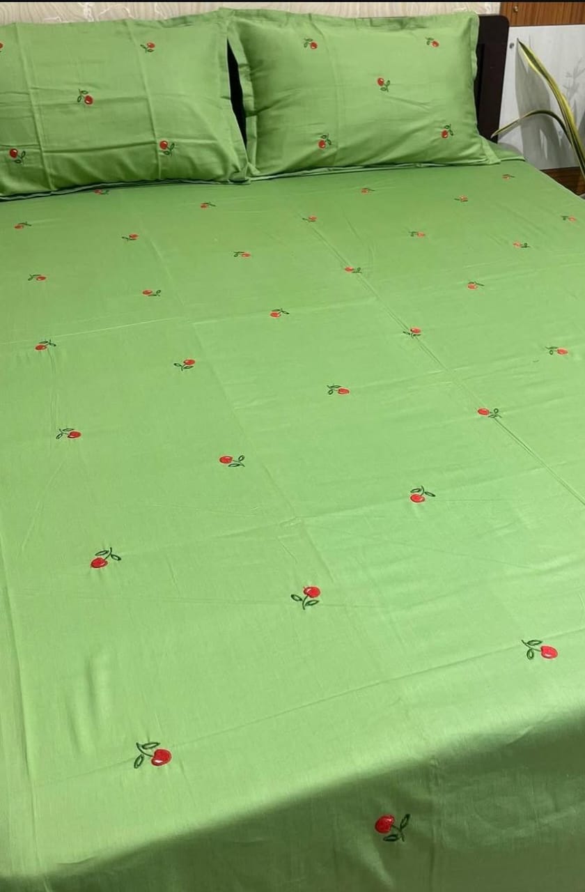 Premium Designer Embroidered Pastel Shades Cotton Bedsheets Boutique Collection in Elegant Style for Premium Homes Green with rose Embroidered premium Bedsheets