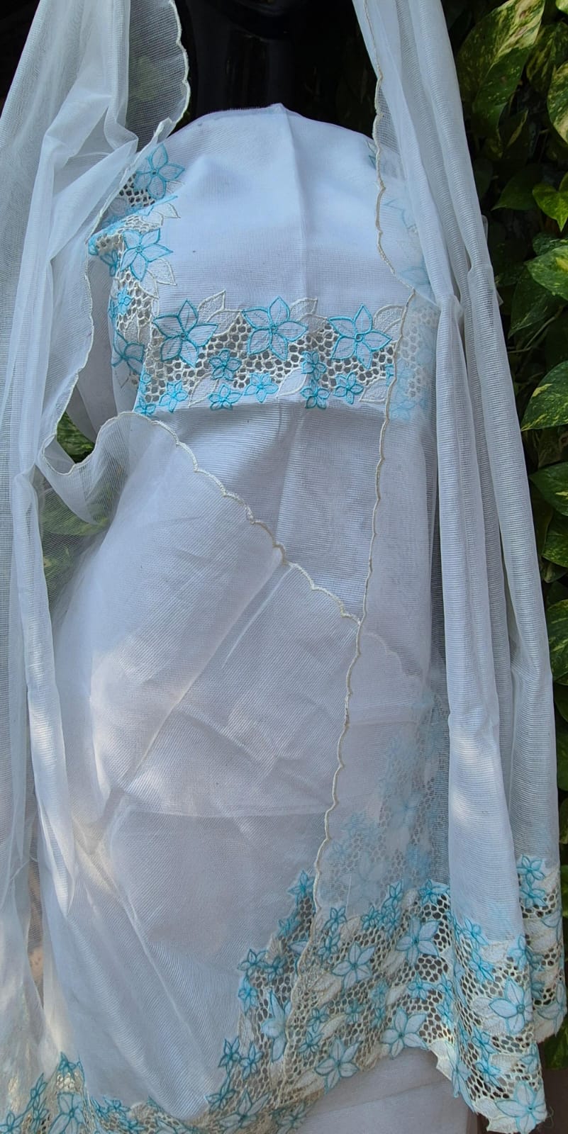 White Silky kota top and dupatta with cutwork  on neck & sleeves of top CODE:0271 Juwaan