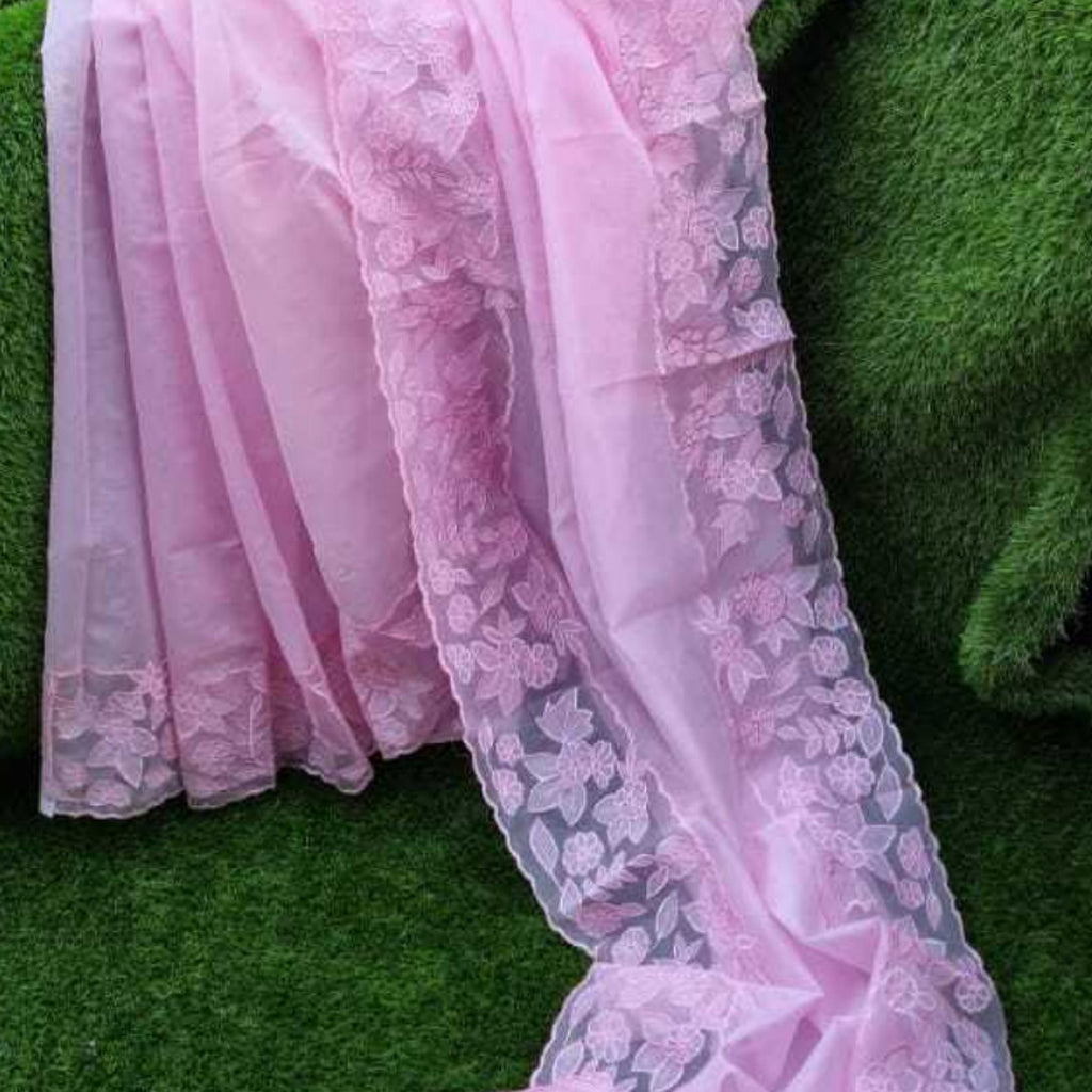 Silky Kota saree and blouse with organza border and applique work  CODE"NL0333 Vidhya