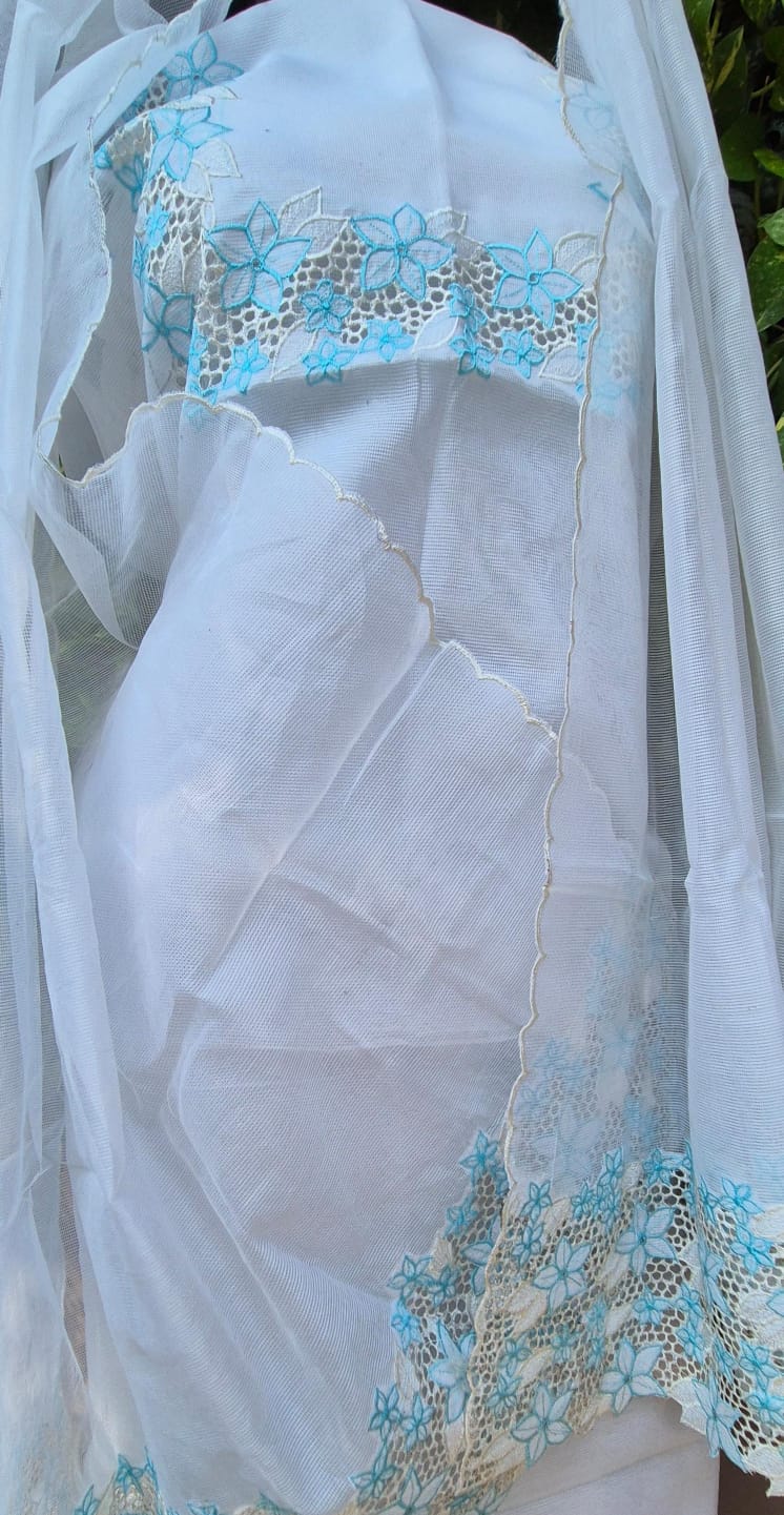 White Silky kota top and dupatta with cutwork  on neck & sleeves of top CODE:0271 Juwaan
