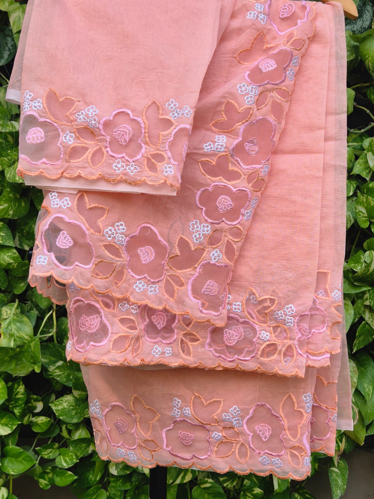 Silky Kota saree blouse with organza applique embroidery work  Peach CODE:NL0441
