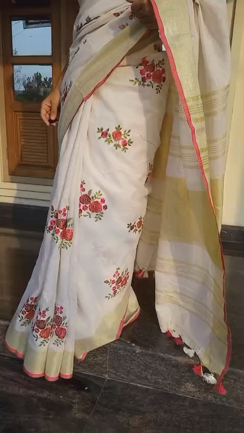 Pure Linen by Linen Saree with full embroidery NL0227