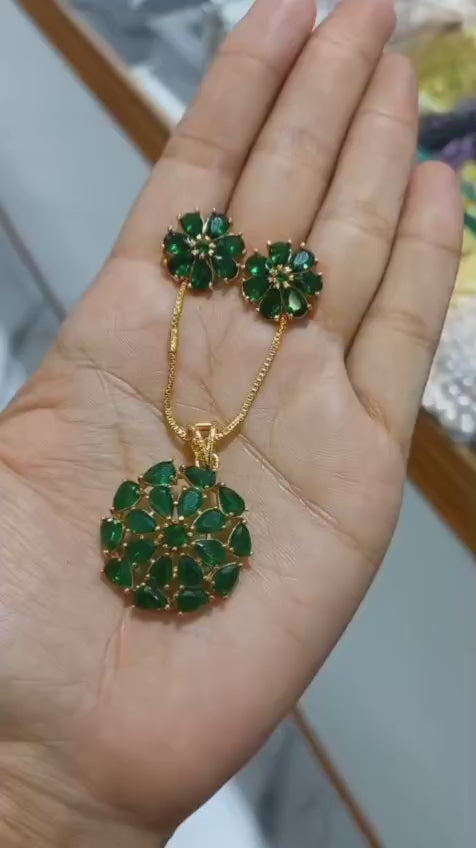 Premium gold plated green amethyst stone Pendant With Chain and matching ear studs Code : NL0126