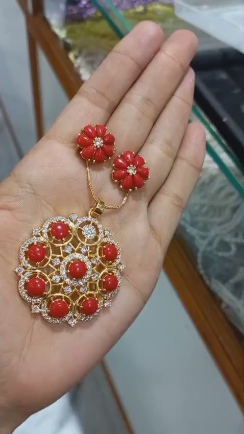 Beautiful coral stone premium gold plated big Pendant with plain chain necklaceand matching ear ringsCode : NL0114