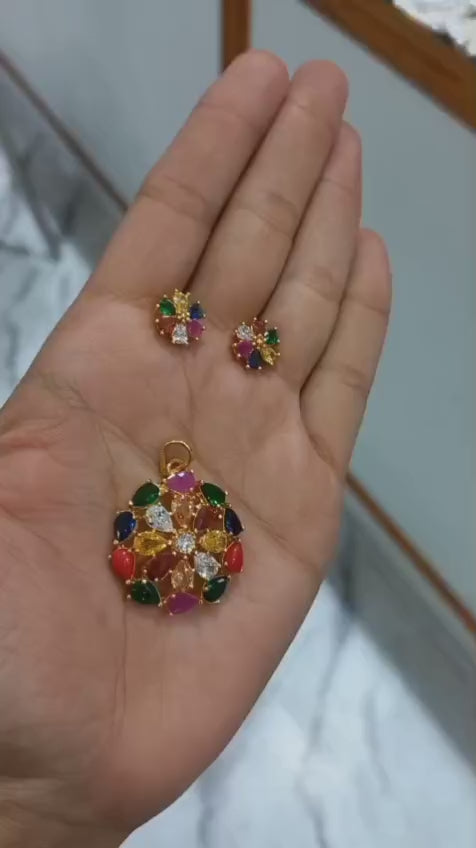 Premium gold Plated beautiful navaratna pendent with chian & studs Code : NL0057