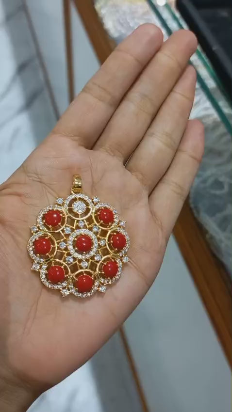 Beautiful coral stone premium gold plated big Pendant with plain chain necklaceCode : NL0119