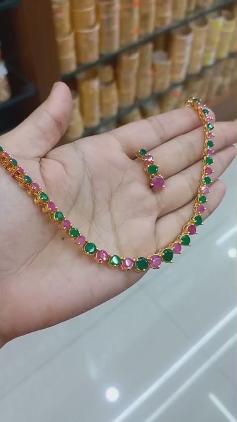 Premium AD Stone Ruby& green combination neck piece with Earrings CODE:NL0272
