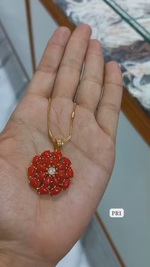 Premium plated coral red amethyst stone Pendant With Chain   Code : NL0135