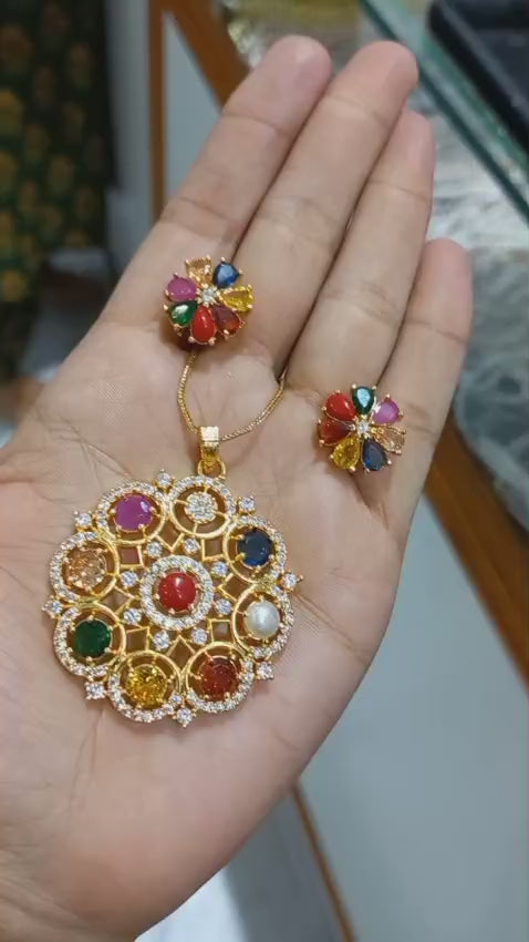 Beautiful navaratna stone premium gold plated Pendant with plain chain necklaceAnd earrings Code : NL0116