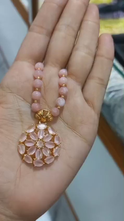 Beautiful light pink crystal Pendent with pink crystal beads Neck chainCode : NL0129
