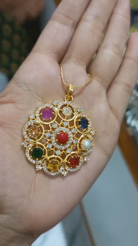 Beautiful navaratna stone premium gold plated Pendant with plain chain necklaceCode : NL0118