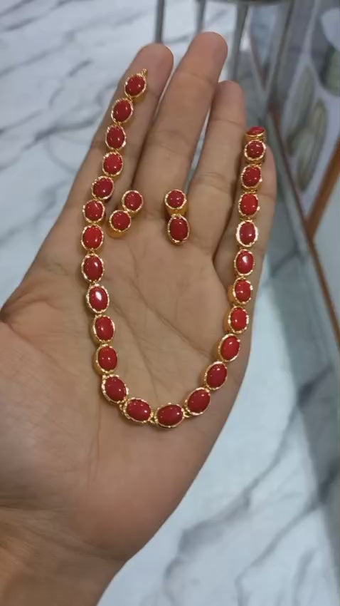 Premium gold plated Coral Neck piece with Earings Code : NL0132