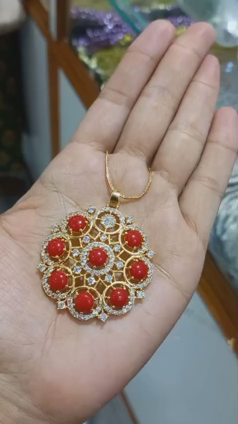 Beautiful coral stone premium gold plated big Pendant with plain chain necklaceCode : NL0119