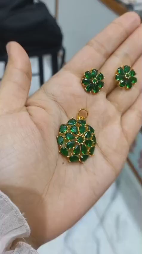 Premium plated green amethyst stone Pendant With Chain and matching earstuds Code : NL0041