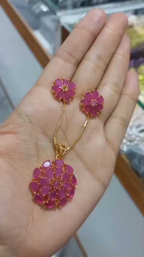 Premium plated ruby pink amethyst stone Pendant With Chain and matching ear studs  Code : NL0125