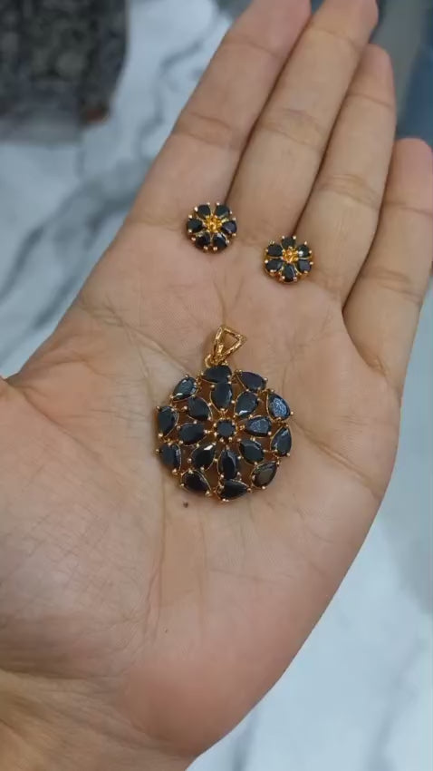Black premium gold Plated Pendent with chain and maching ear studsCode : NL0103