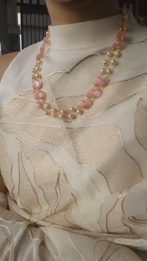 Beautiful Two layer pastel pink monalisa beads and Pearl combination 2 layer neck pieceCODE: NL0133