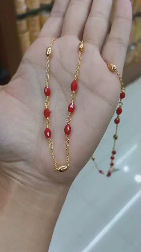 24 Ct gold plated beautiful coral Red crystal chain with Combination of Golden Oval balls CODE:NL0284