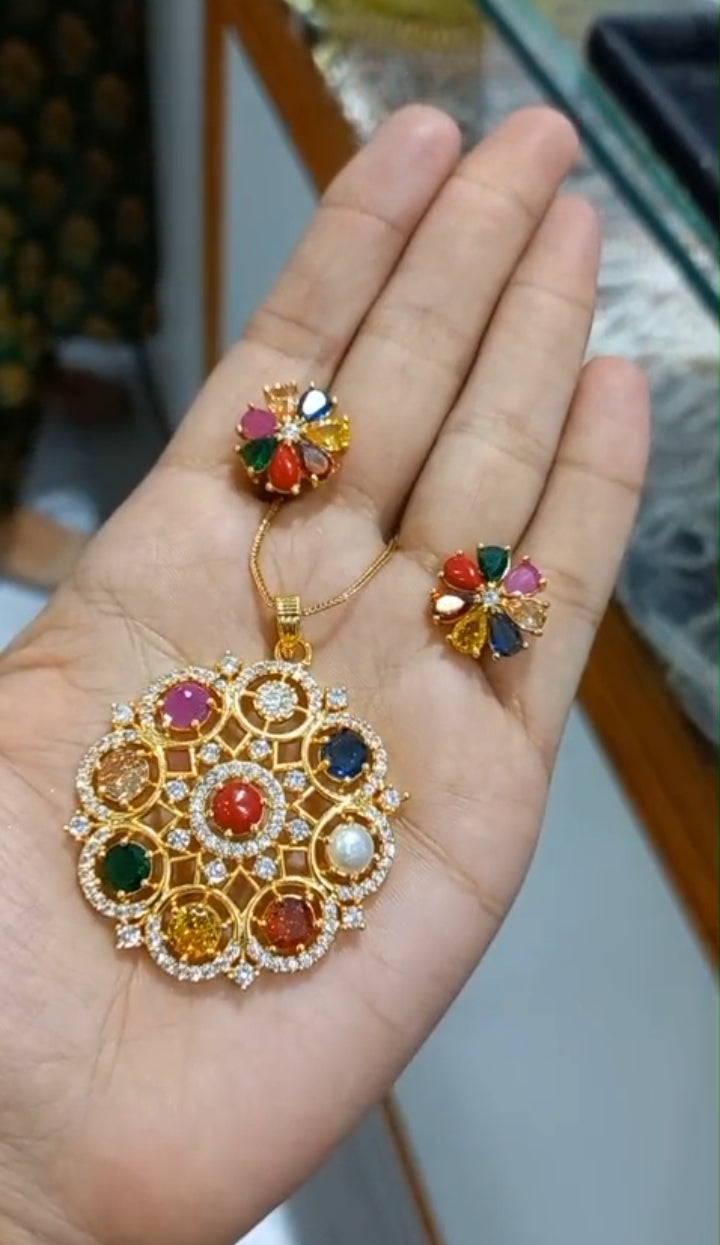Beautiful navaratna stone premium gold plated Pendant with plain chain necklace
And earrings Code : PNBS1 Jewel byjuwaan