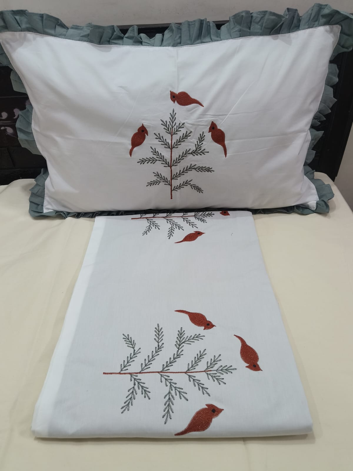 Premium pastel shades patch Designer Embroidery Bedsheets Collection White floral green Bedsheets