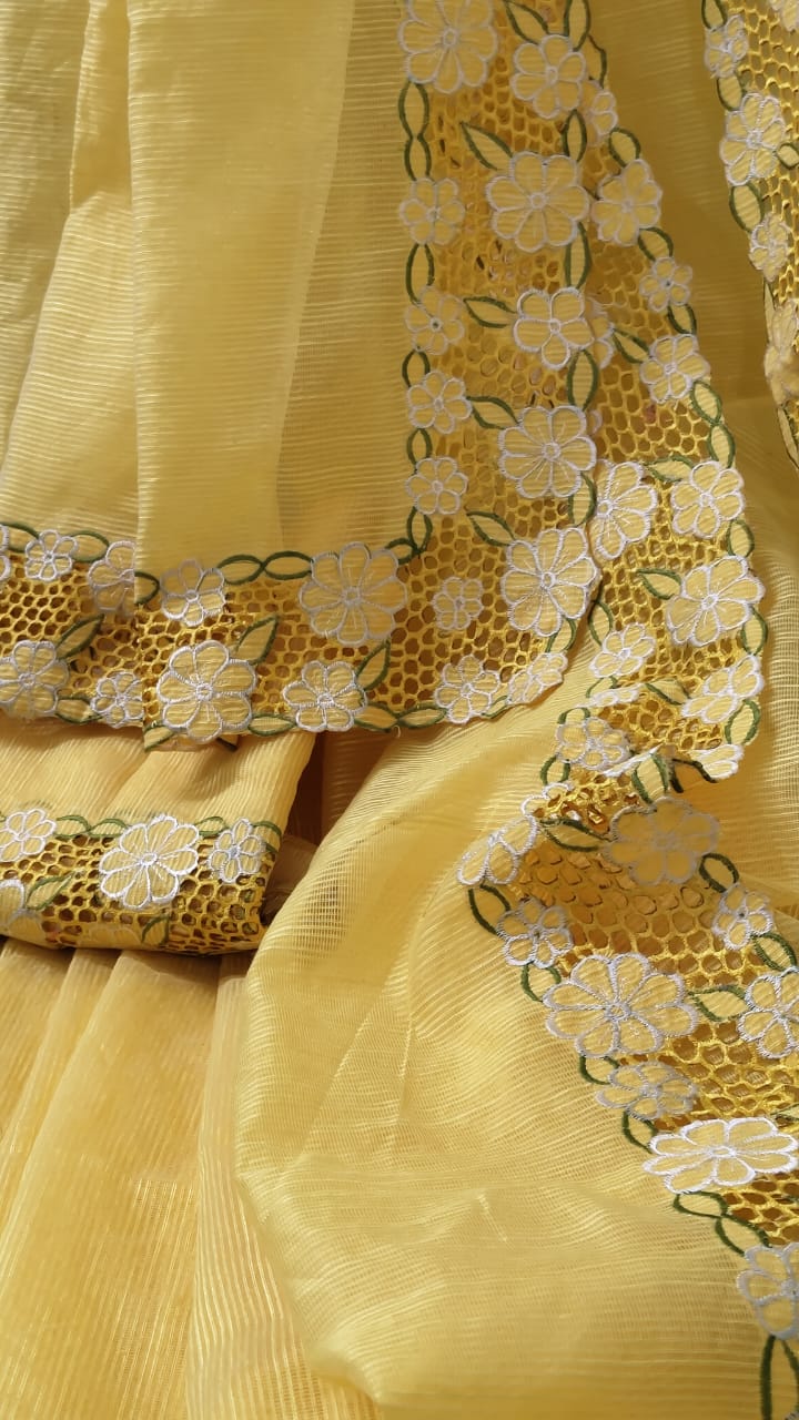 Yellow collection silky kota cutwork embroidery sarees Silky kota cutwork sarees