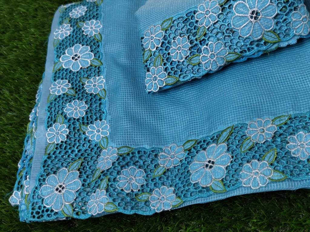 Elegant silky kota cutwork embroidery sarees Silky kota cutwork sarees
